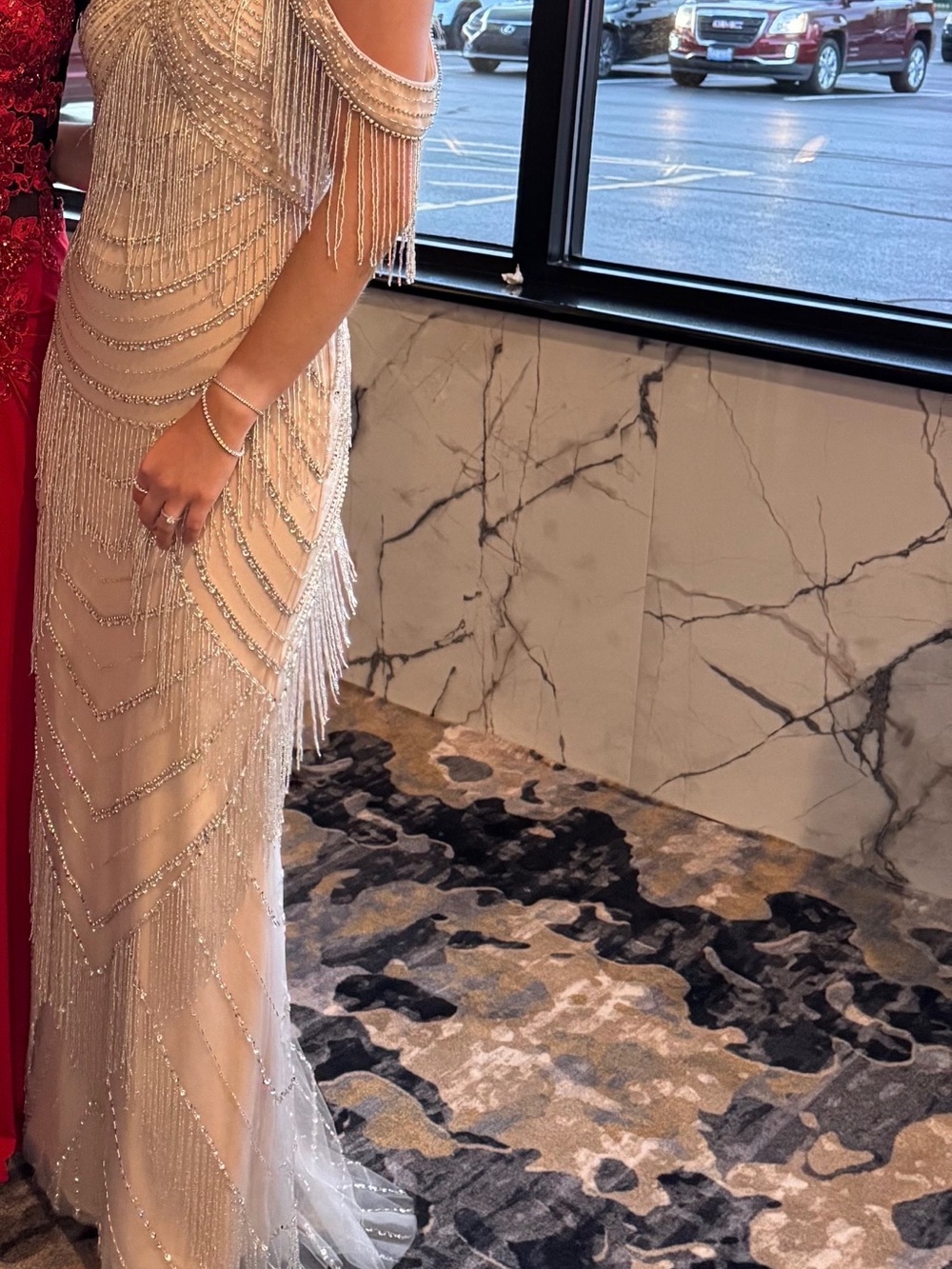Elegant Beaded Fringe Evening Dress in Champagne